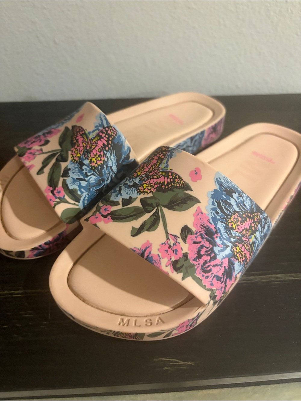 Cream Slide Sandals with Blue and Pink Floral Print